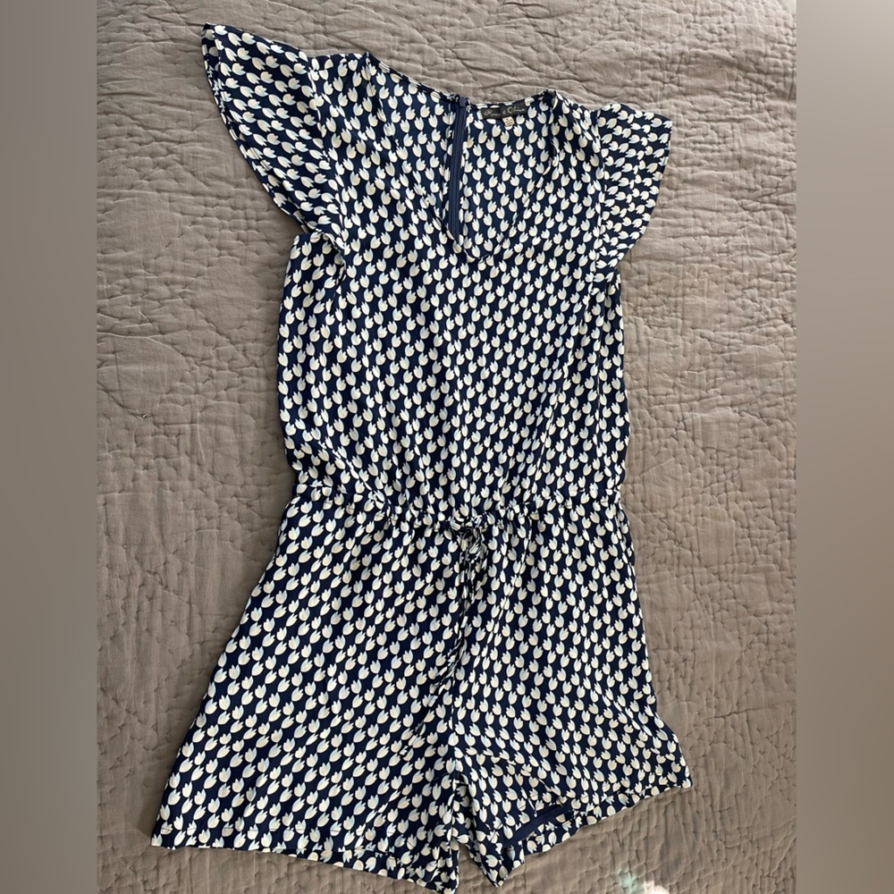 Rose & Olive Floral Navy White Romper Medium Polyester Tulips Short Tie Waist